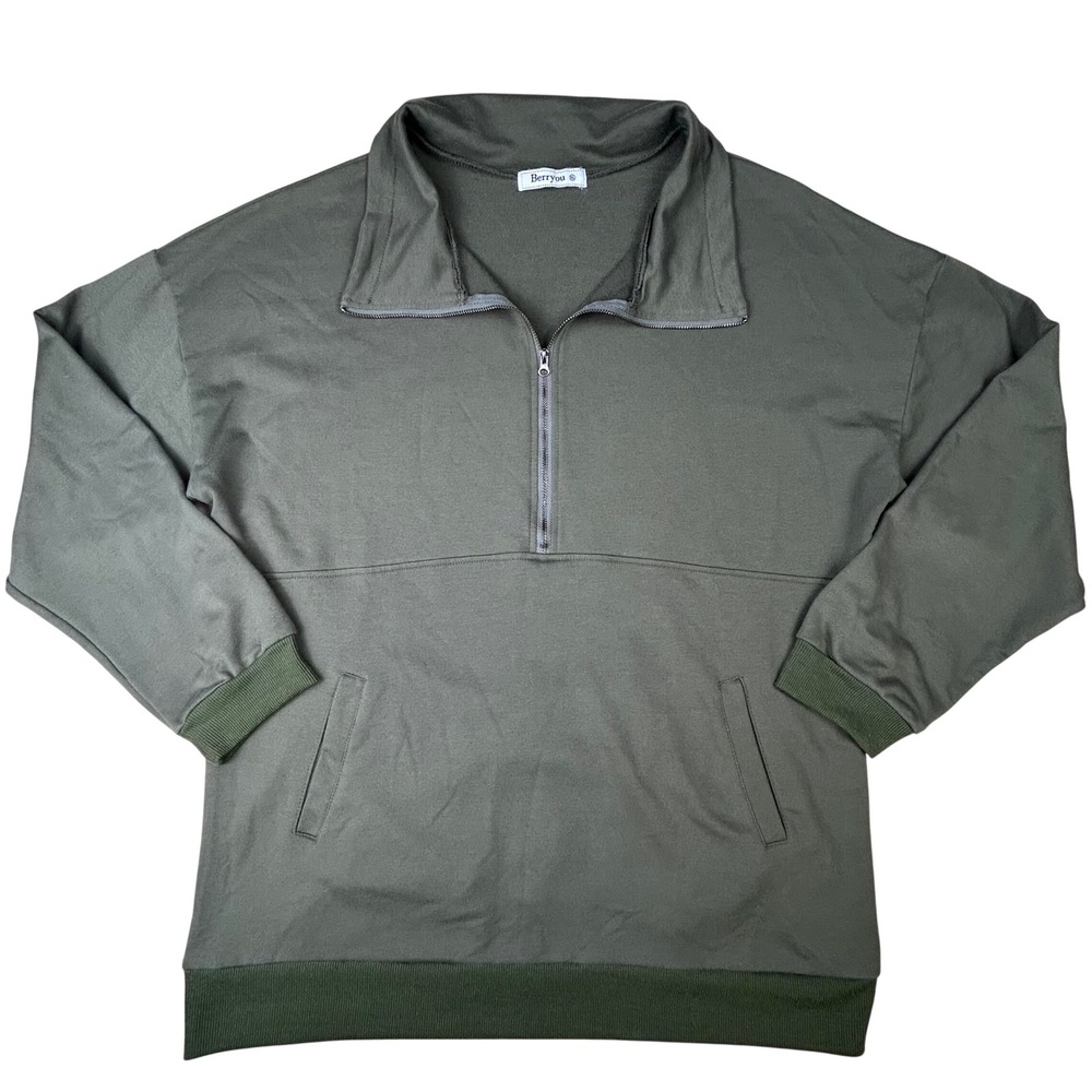 Berryou Olive Green Quarter Zip Pullover Sweatshirt XL Drop Shoulder Pockets